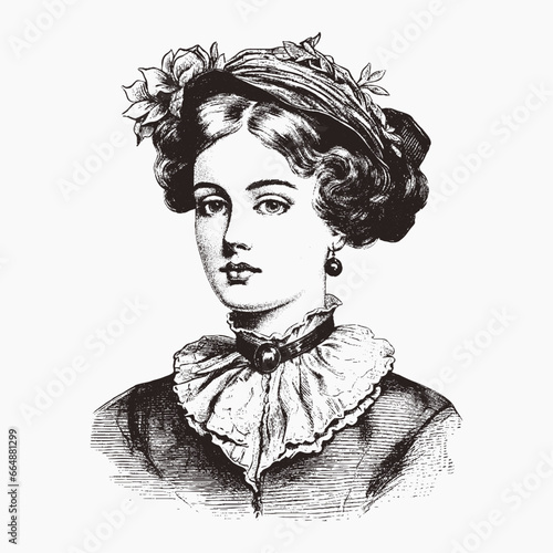 Vector portrait of a woman. Vintage Illustration in engraving style isolated on white victorian era Elegant woman in Hat	
