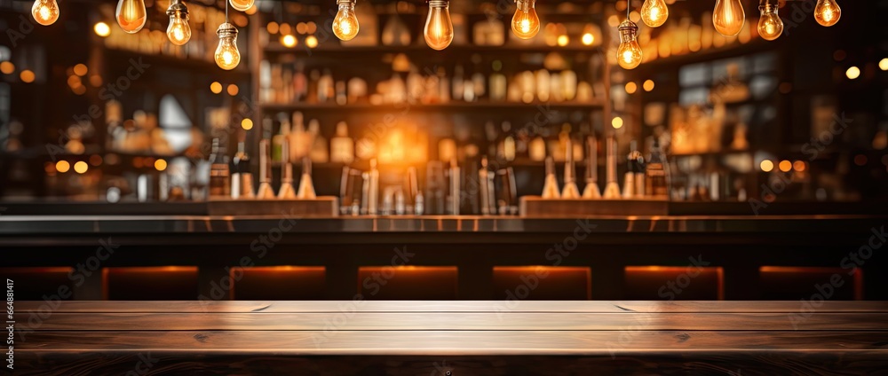 Nightlife vibe. Cozy pub interior with soft lighting. Relaxing evening at bar. Vintage decor and ambiance. Night to remember. Wooden table and empty counter in illumination