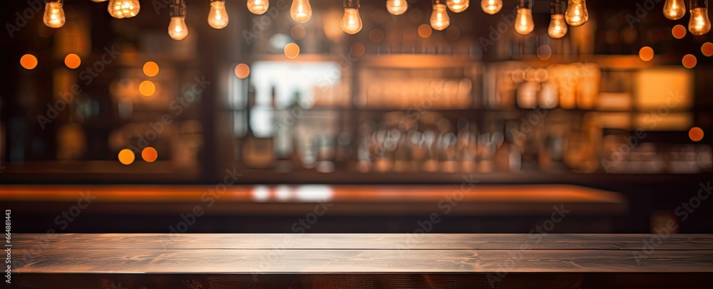 Nightlife vibe. Cozy pub interior with soft lighting. Relaxing evening at bar. Vintage decor and ambiance. Night to remember. Wooden table and empty counter in illumination - obrazy, fototapety, plakaty 