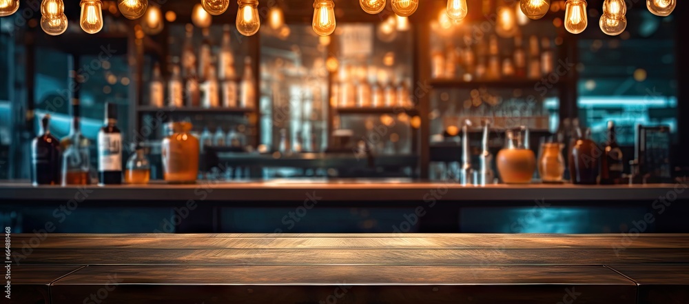 Nightlife vibe. Cozy pub interior with soft lighting. Relaxing evening at bar. Vintage decor and ambiance. Night to remember. Wooden table and empty counter in illumination