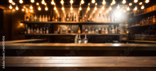 Nightlife vibe. Cozy pub interior with soft lighting. Relaxing evening at bar. Vintage decor and ambiance. Night to remember. Wooden table and empty counter in illumination