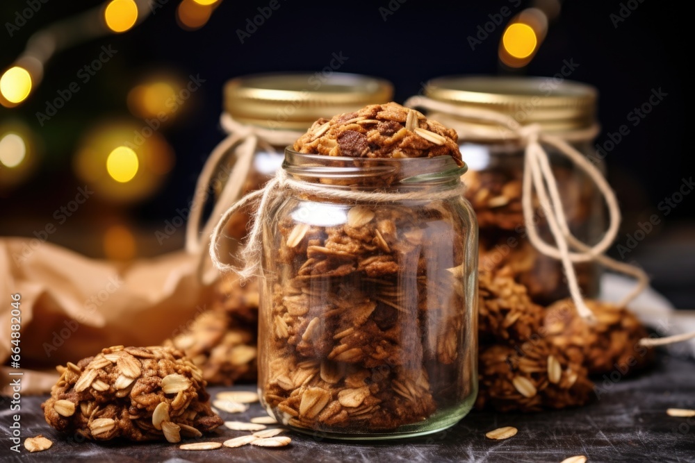 closeup of a jar filled with homemade cookies closeup of a jar filled with homemade cookies