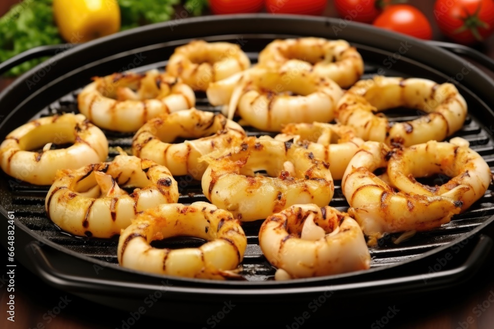 sizzling calamari rings on a grill pan sizzling calamari rings on a grill pan