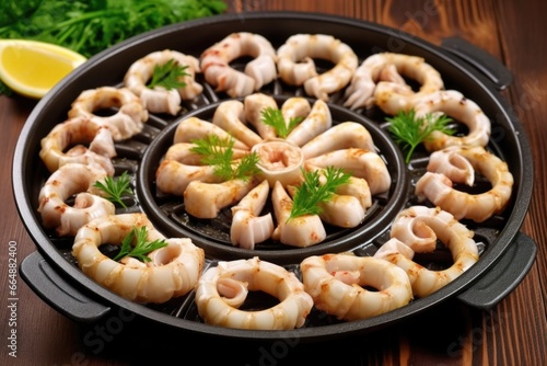 calamari rings laid out on a pre-heated grill pan