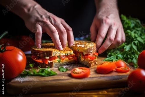 a hand adding slice of tomato inside a grilled cheese sandwich