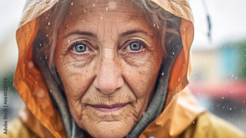 Elderly woman smiles, embracing rain, raincoat on.
