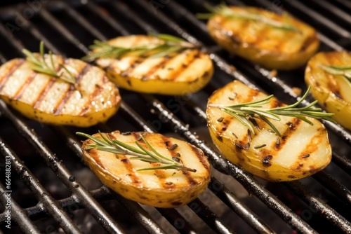 close-up image of grilled potatoes with rosemary on open grill