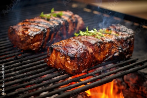 pair of seitan steaks on hot  smokey barbecue