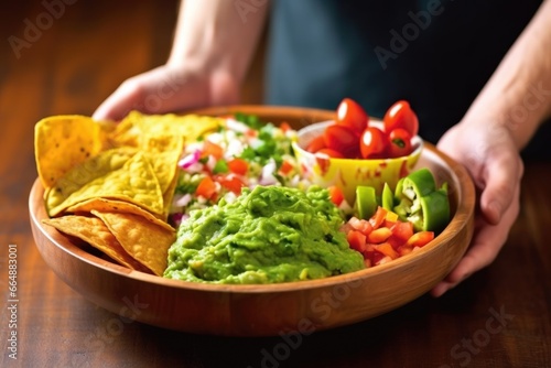 hand holding a scoop with guacamole on a nacho plate