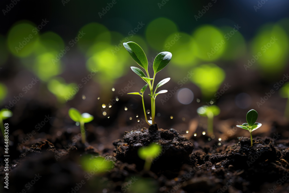 Young green sapling growing up from the ground. Plant growth and ecological concept Young green sapling growing up from the ground. Plant growth and ecological concept