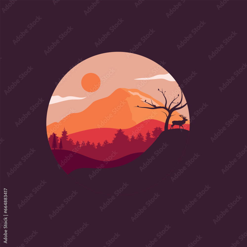 Flat natural landscape illustration design template, with trees and mountains design vector.