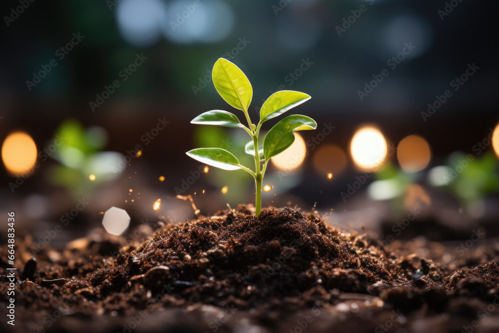 Young green sapling growing up from the ground. Plant growth and ecological concept Young green sapling growing up from the ground. Plant growth and ecological concept