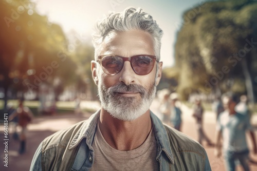 Stylish old smiling man wearing sunglasses. Senior man with gray hair and beard. Generate ai