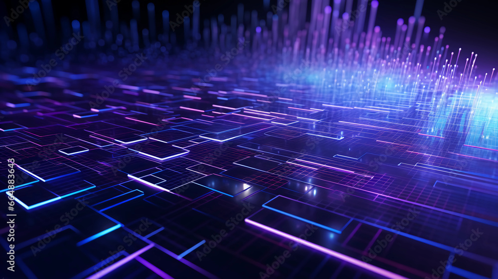 Obraz premium Abstract digital graphics Futuristic 3D Concept, AI and Big Data Technology background, cityscape, Information Digitalization Lines, Generative AI.