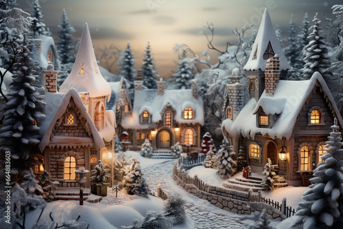 Winter fairy village  tailor-made for heartwarming winter postcards  where tiny fairies create a cozy and wondrous atmosphere. Ai generated