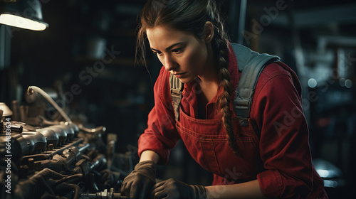 Mechanic Woman in a Well-Lit Auto Repair Garage