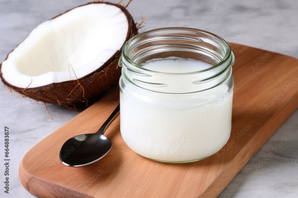 a jar of coconut oil with a spoon on a counter a jar of coconut oil with a spoon on a counter