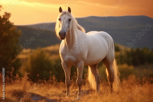 White horse or mare in the mountains at sunset. © MdImam