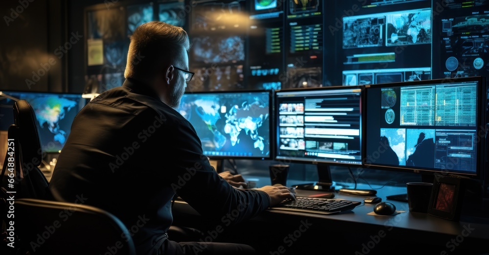 cyber forensics expert analyzing digital evidence, surrounded by multiple screens - obrazy, fototapety, plakaty 