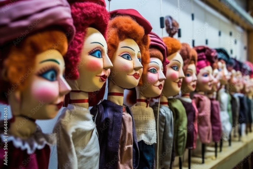 a lineup of fully crafted and costumed marionette puppets ready for display