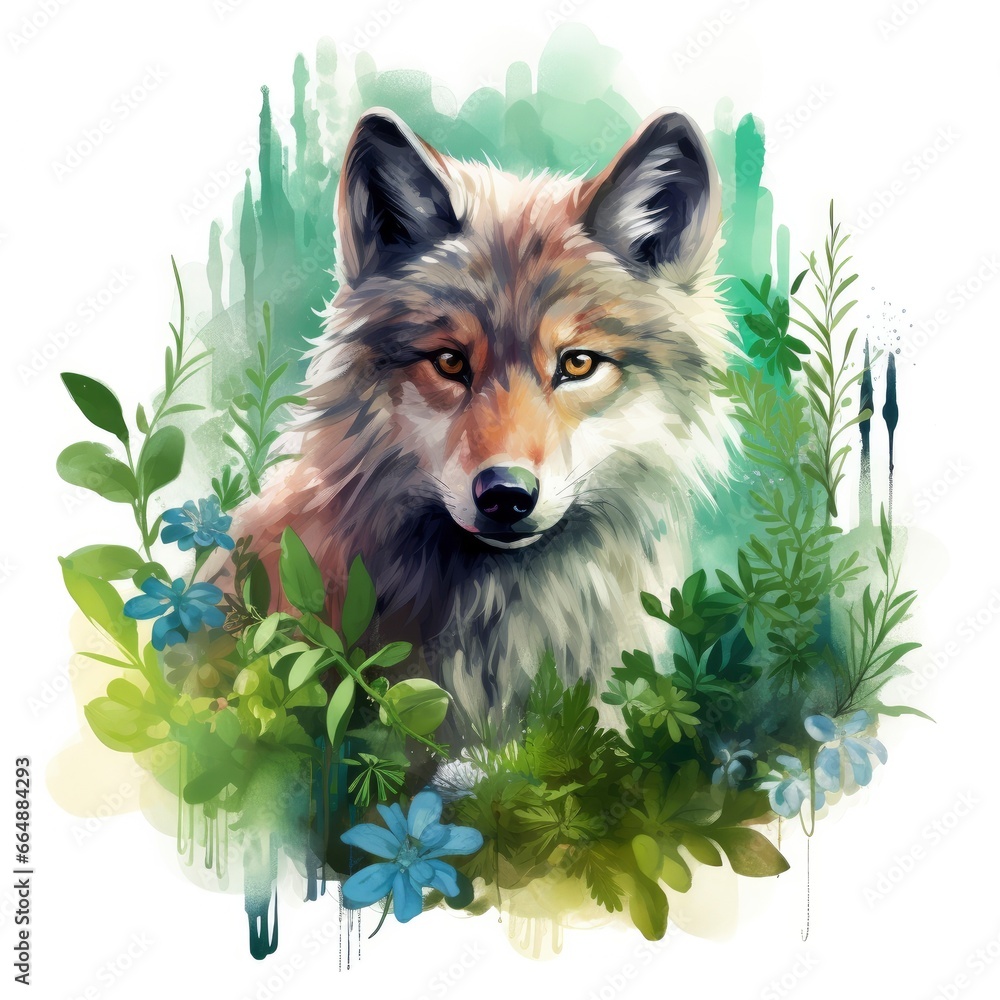 Wolf animal in greenery for kids emotional watercolors.