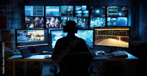 cyber forensics expert analyzing digital evidence, surrounded by multiple screens