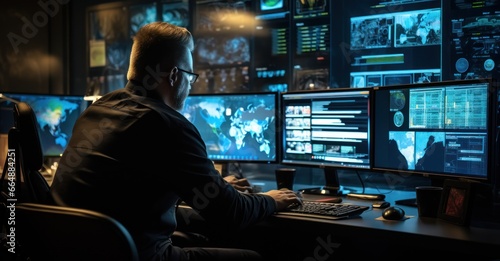 cyber forensics expert analyzing digital evidence, surrounded by multiple screens photo