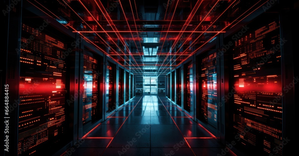 Dramatic capture of a server room with red alert lights indicating a breach
