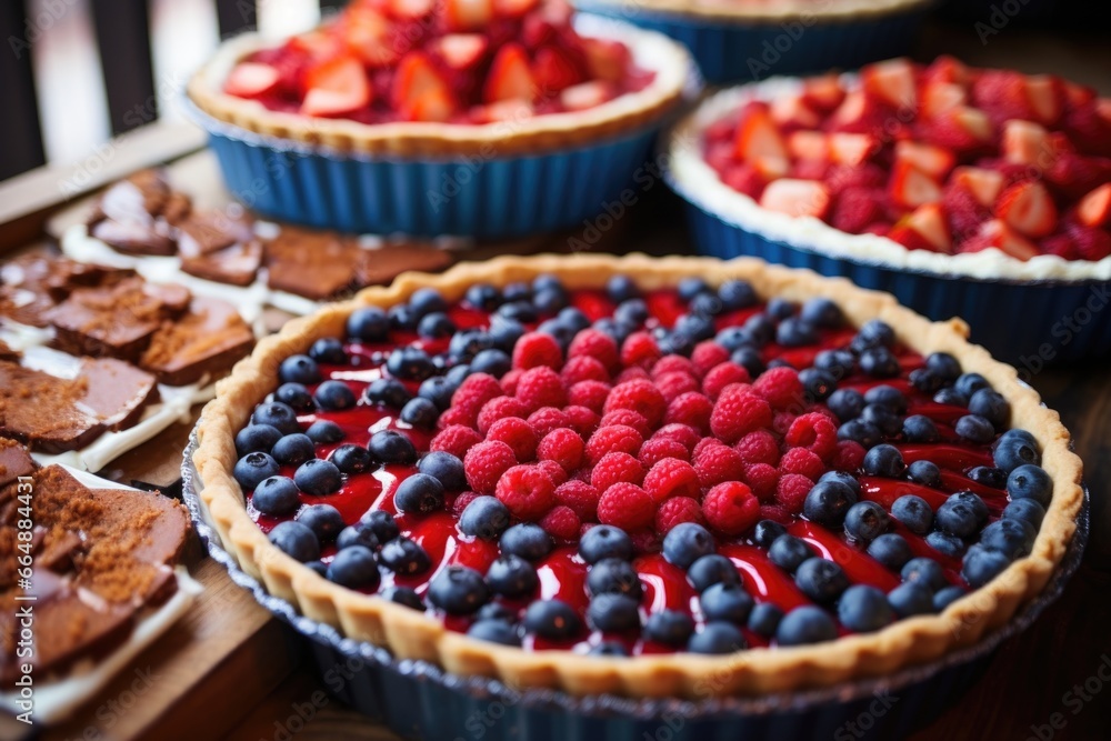 sliced red and blue fruit pies on a buffet sliced red and blue fruit pies on a buffet