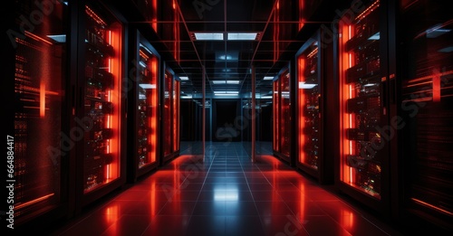 Dramatic capture of a server room with red alert lights indicating a breach photo
