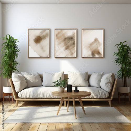 Beige sofa near white wall with three mock up poster frames. Mid century interior design of modern living room