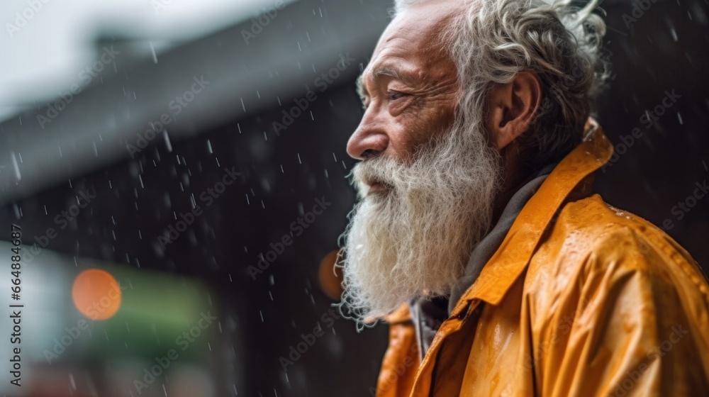 A cheerful senior man wears a raincoat, finding joy in the rain. A cheerful senior man wears a raincoat, finding joy in the rain.