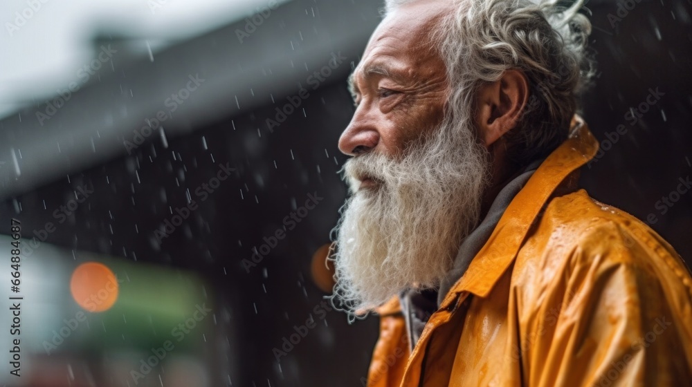 A cheerful senior man wears a raincoat, finding joy in the rain.