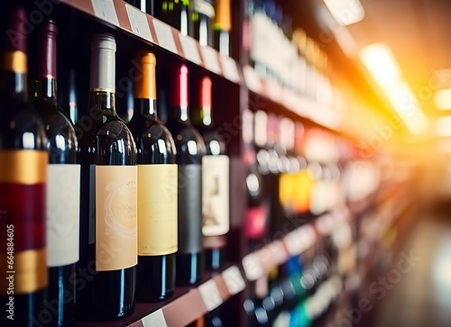 Abstract blur wine bottles on liquor alcohol shelves in supermarket store background. © MdImam
