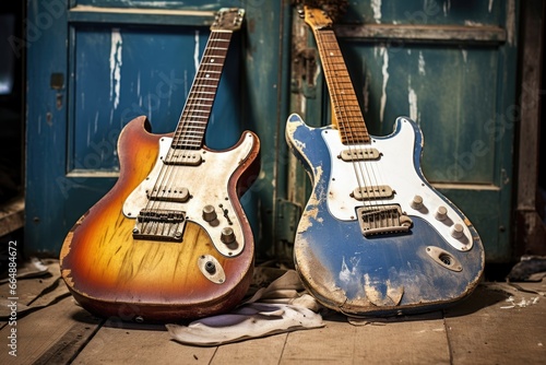 couple of well-aged guitars leaning together