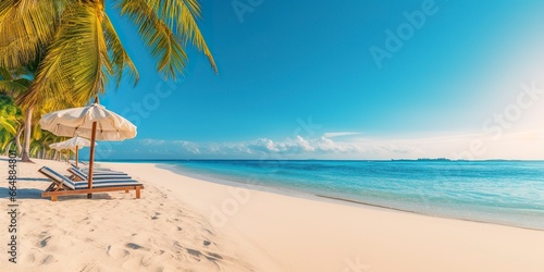 White sand and coconut plant travel tourism wide panorama background concept.