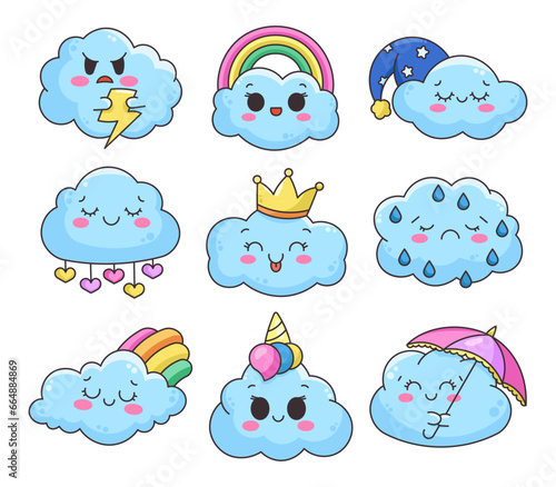 Funny kawaii clouds. Cute cartoon sky and weather characters. Hand drawn style. Vector drawing. Collection of design elements.
