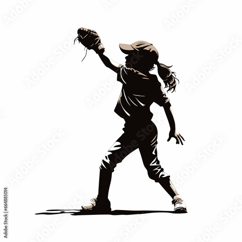 Black silhouette of a little girl athlete playing baseball, hitting the baseball with a bat and wearing a baseball glove