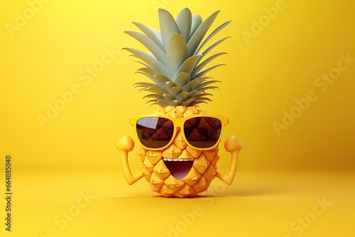 Yellow ripe pineapple with glasses on yellow background. Generative Ai