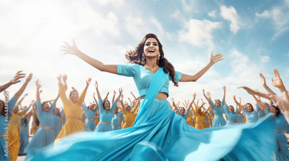Obraz premium Indian beautiful woman dancing under blue sky