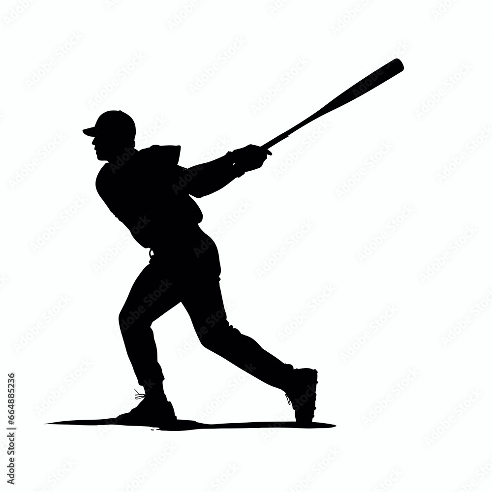 Black silhouette of a male athlete playing baseball, hitting the baseball with a bat and wearing a baseball glove
