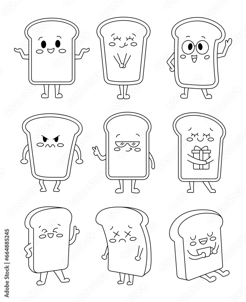Funny happy toast characters. Coloring Page. Cute cartoon sliced baked ...
