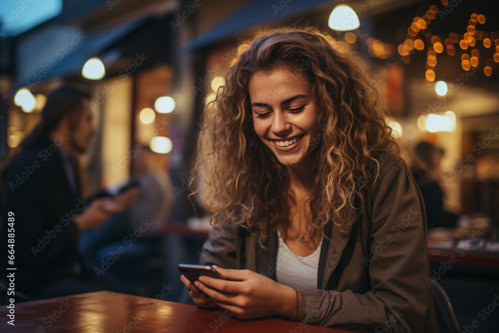 Beautiful woman as she smiles while gazing at her mobile phone, reflecting the joy of modern connectivity and communication. Ai generated