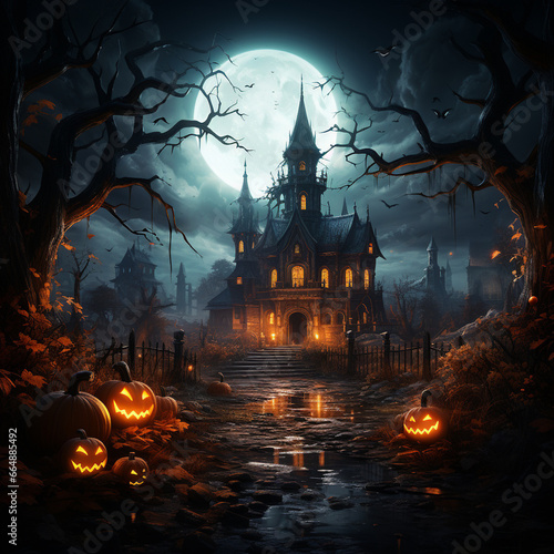 Halloween background with pumpkin and bats in a spooky cemetery on a late spooky night. scary lights on the building and a big moon and fog in the background
