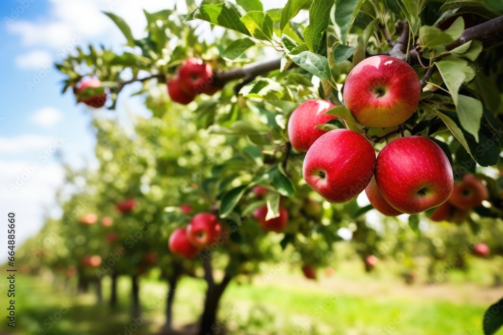 focused shot of bright red apples on a tree in an orchard focused shot of bright red apples on a tree in an orchard
