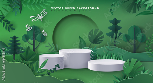 Green background. Eco tree garden with product podium, environment or recycle landscape, plant leaf. Presentation backdrop. Empty white platform, showcase in forest. Organic stand vector exact banner