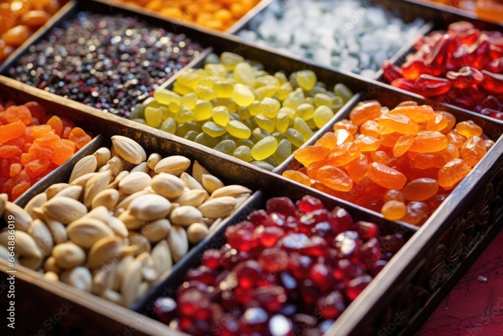 a tray of candied fruits and seeds