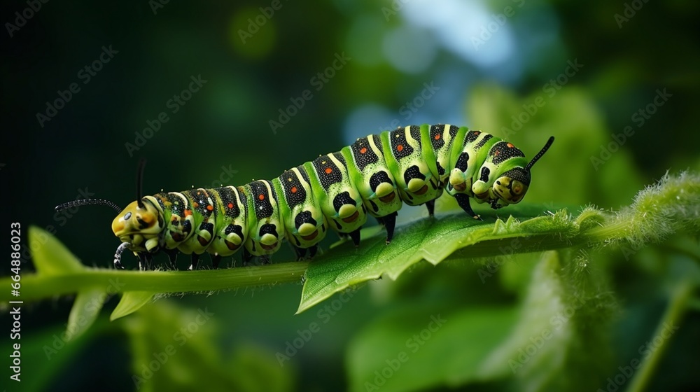 A high-definition image of an orchard swallowtail butterfly's caterpillar crawling on a green leaf.