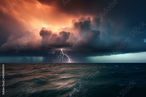 Ominous storm clouds and dazzling lightning illuminate the vast ocean. Generative AI