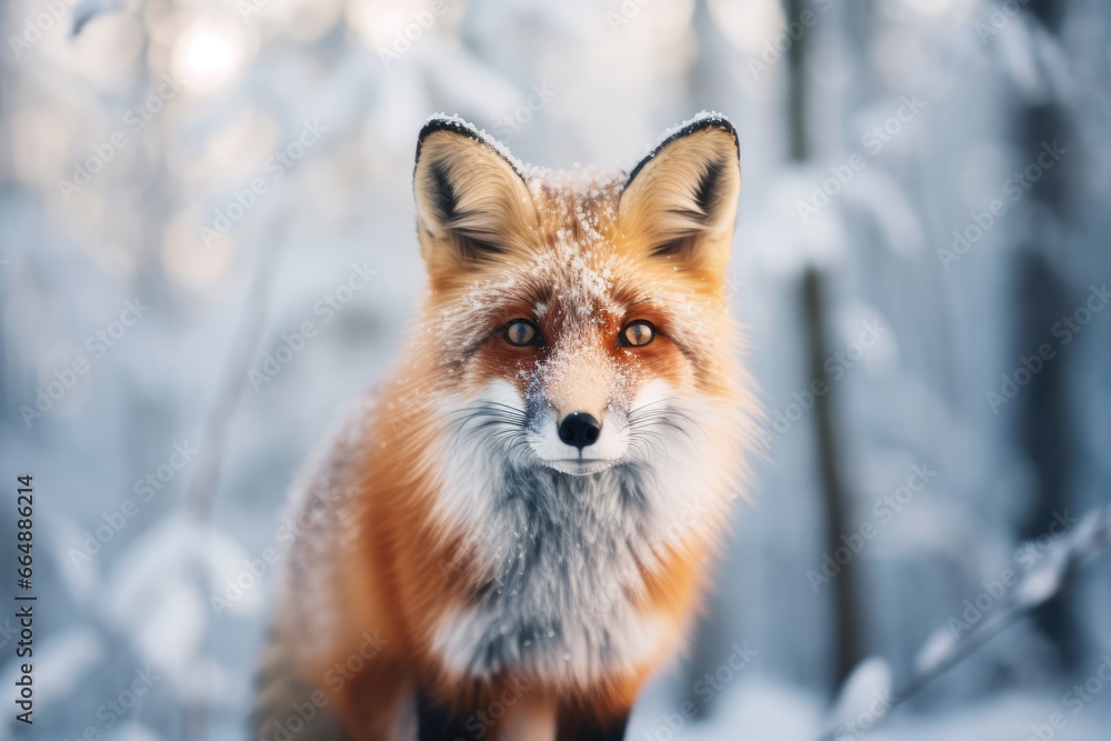 Winter Fox Encounter - A curious fox amidst a serene snow-covered forest - AI Generated Winter Fox Encounter - A curious fox amidst a serene snow-covered forest - AI Generated